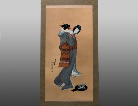 友禅浮世絵 掛幅 夏の朝 鏡見美人