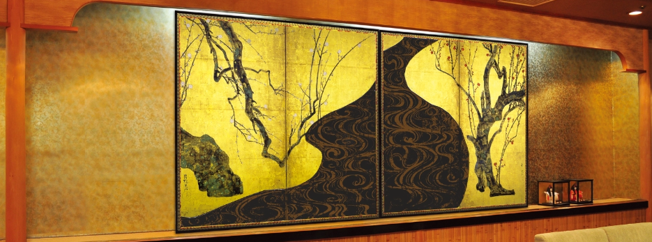 友禅古美術屏風 尾形光琳 紅白梅図(二曲一双)